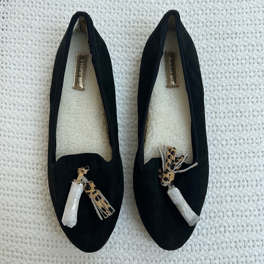 Birdies Starling Slippers Black Cozy Suede Faux Fur Leopard Tassel Old Money 6 - Picture 2 of 10